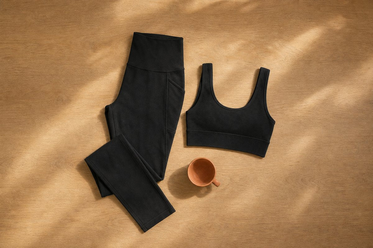 Organic cotton workout set flat lay: PureFlex pocket leggings and Reversible Pivot Top with a terracotta cup