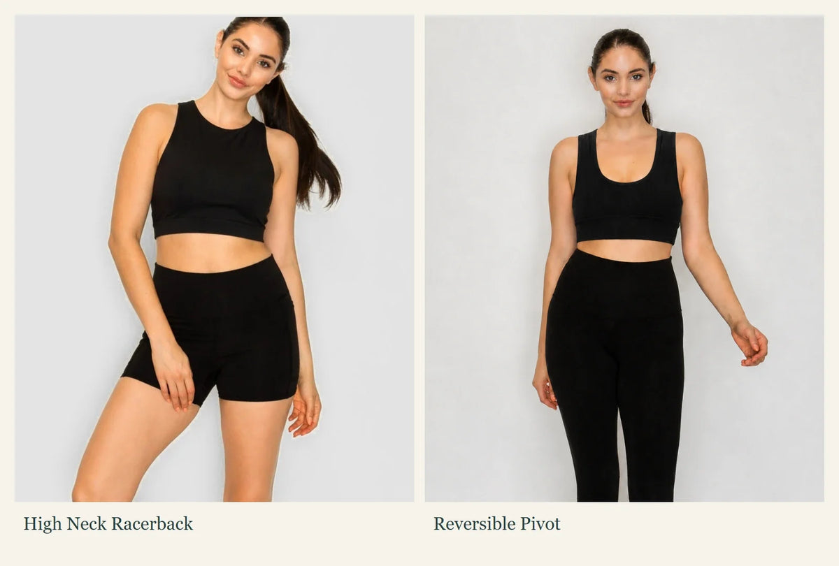 Side-by-side front views of the black PuraKai High Neck Racerback Bra and Reversible Pivot Top.