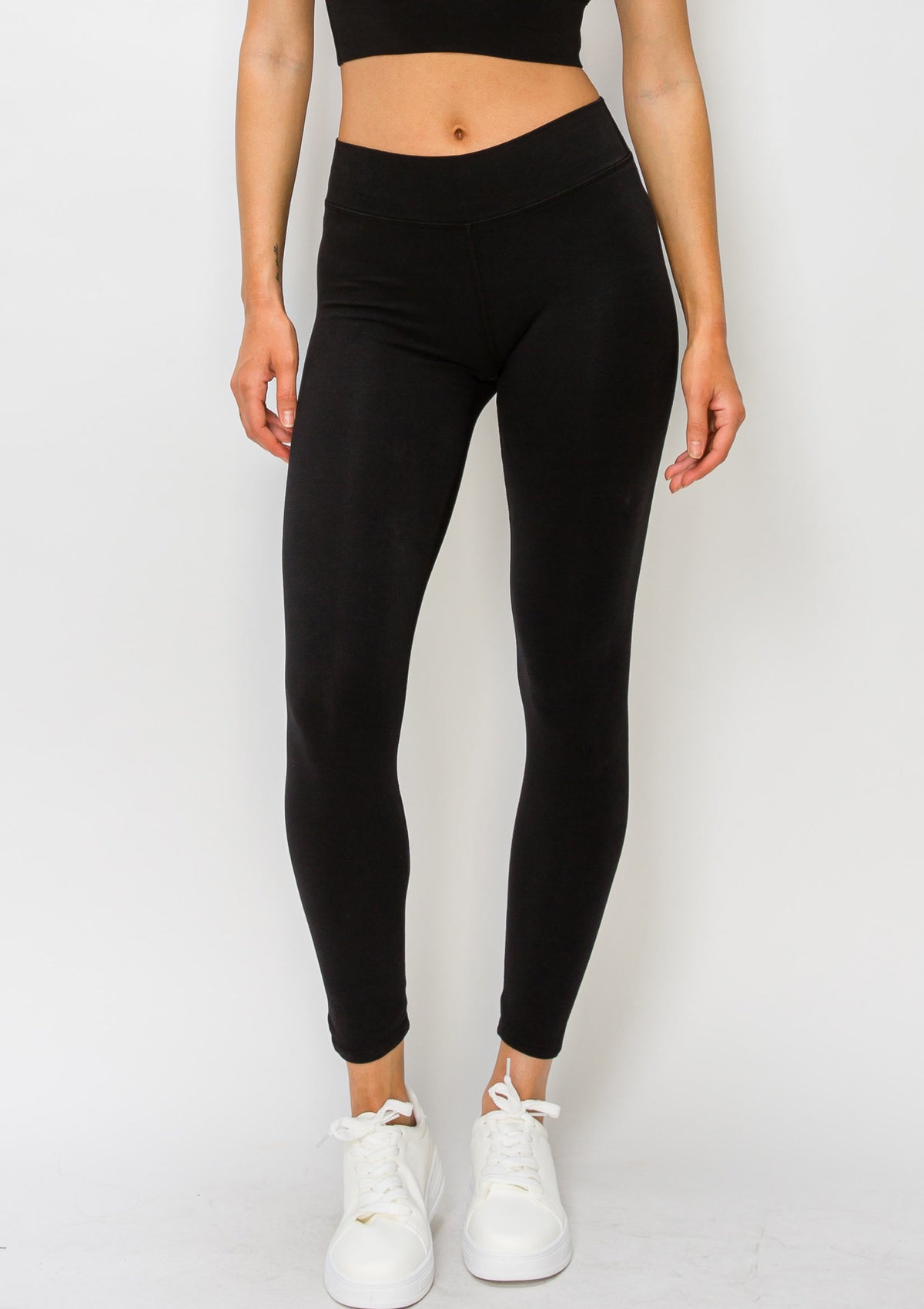 PureFlex Organic Cotton Mid-Rise Leggings in Black – front view, waist to feet