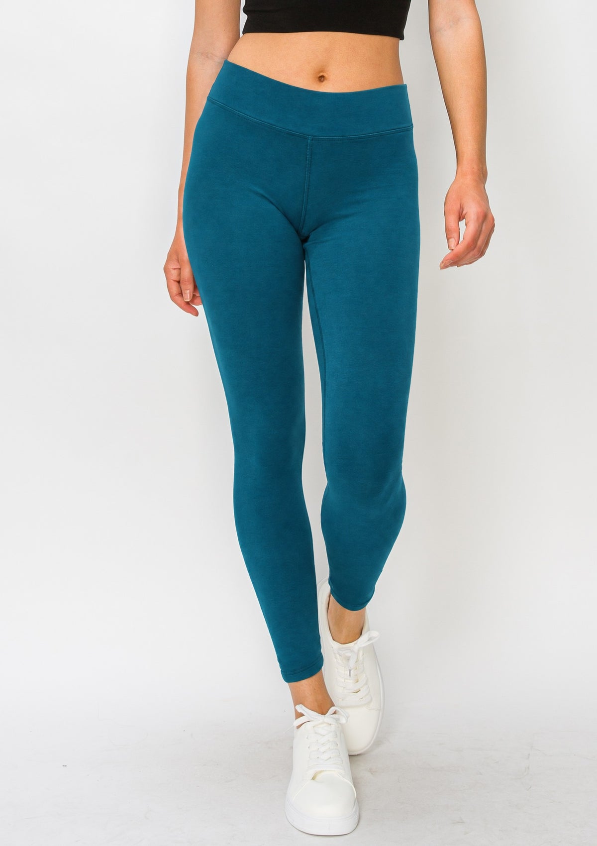 PureFlex Organic Cotton Mid-Rise Leggings in Tidal Teal – front view, waist to feet