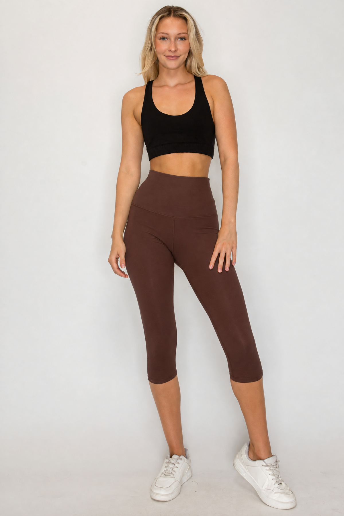 Front view of PuraKai PureFlex Organic Cotton Capri Leggings in Bracken