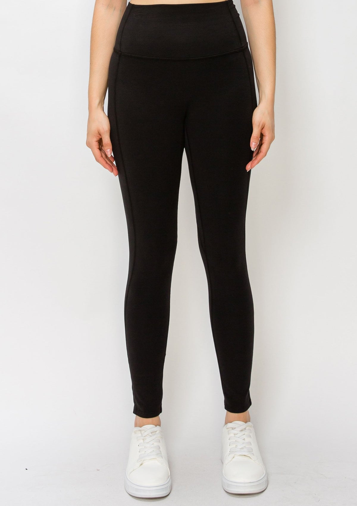 PureFlex Organic Cotton No-Front-Seam Leggings in Black – front view, waist to feet