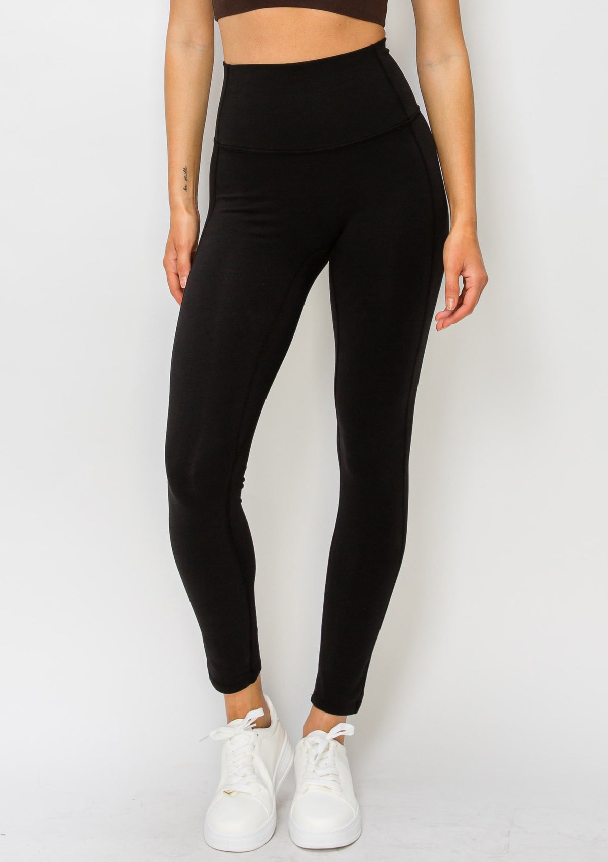 PureFlex Organic Cotton No-Front-Seam Leggings in Black – front view, waist to feet